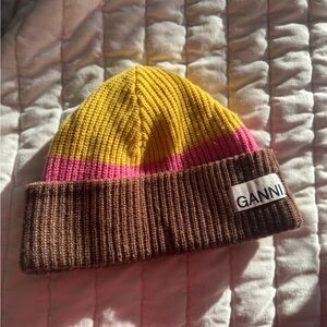 Ganni Yellow, Pink, and Brown Beanie